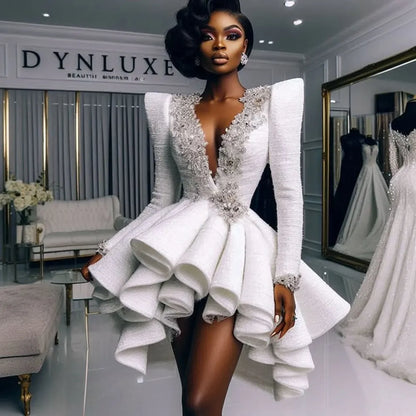 African  Women Prom Dresses With Deep V Neck Lace Appliques Beads Ruffles Evening Dress vestidos de fiesta Girls Birthday Gowns