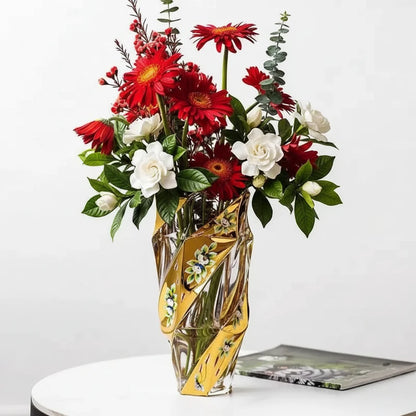 23Cm Thickened Glass Vase with Yellow Gold Floral Design - Modern European Luxury Decor