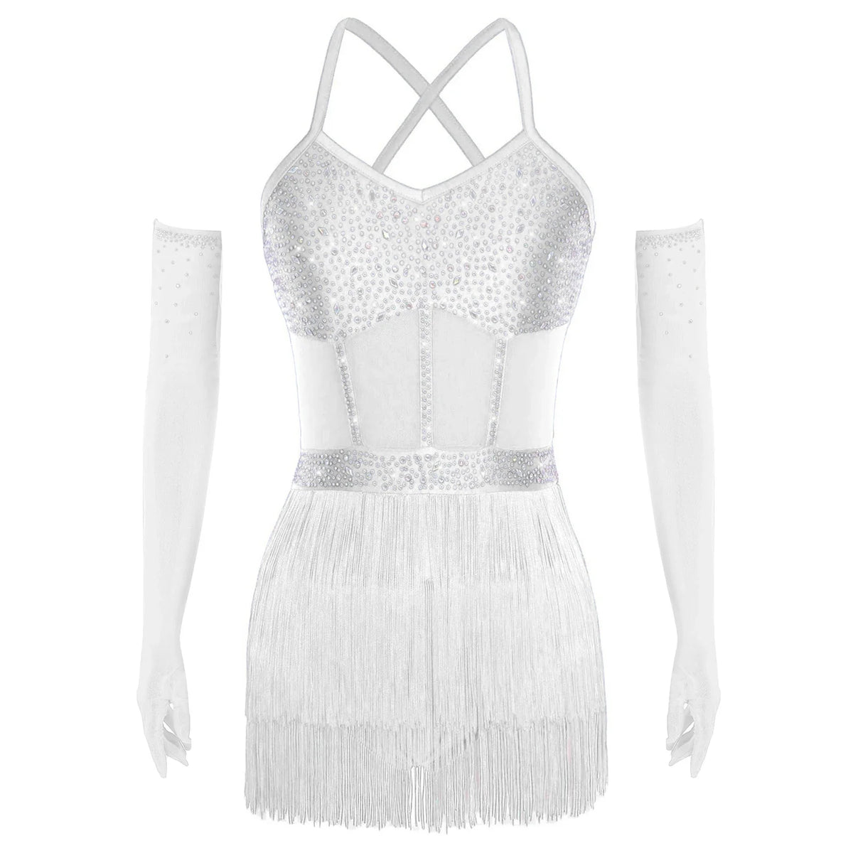 Womens Latin Dance Dress Sheer Mesh Patchwork Tiered Tassel Bodysuit Dress and Gloves for Tango Samba Dance Ballroom Dancewear