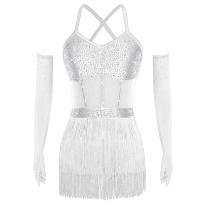Womens Latin Dance Dress Sheer Mesh Patchwork Tiered Tassel Bodysuit Dress and Gloves for Tango Samba Dance Ballroom Dancewear