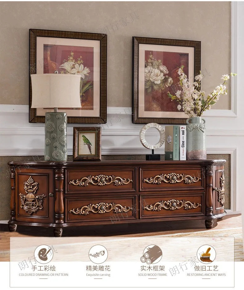 Traditional Birch Wood Media Console with 4 Drawers & Cabinets - Stylish Storage Solution
