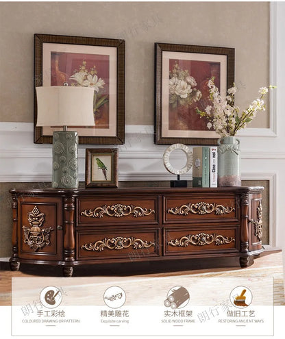 Traditional Birch Wood Media Console with 4 Drawers & Cabinets - Stylish Storage Solution