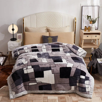Korean Raschel 2-Ply Heavy Fleece Blanket, 78x90 Queen Size Reversible Geometric Plush Blanket