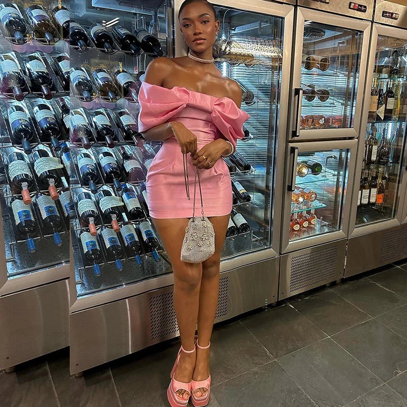Pink Short Prom Dresses For Black Girls Off Shoulder Satin Birthday Party Gowns Bow Mini Homecoming Cocktail Dress Customized
