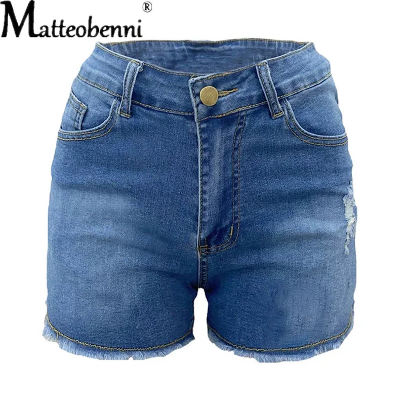 Large Size Sexy Ripped Denim Shorts Girl 2024 New High Waist Skinny Hips Stretch Leg Length Tight Tight Stretch Hips Jeans Women