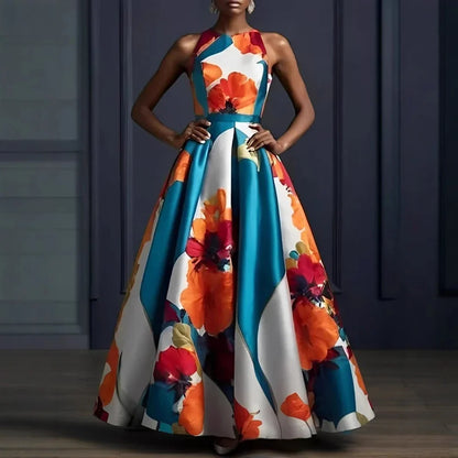 Women Elegant Floral Printed Dress Sleeveless Crew Neck Maxi Evening Dress 2025 New Summer High Waist Slim Party Wedding Dresses
