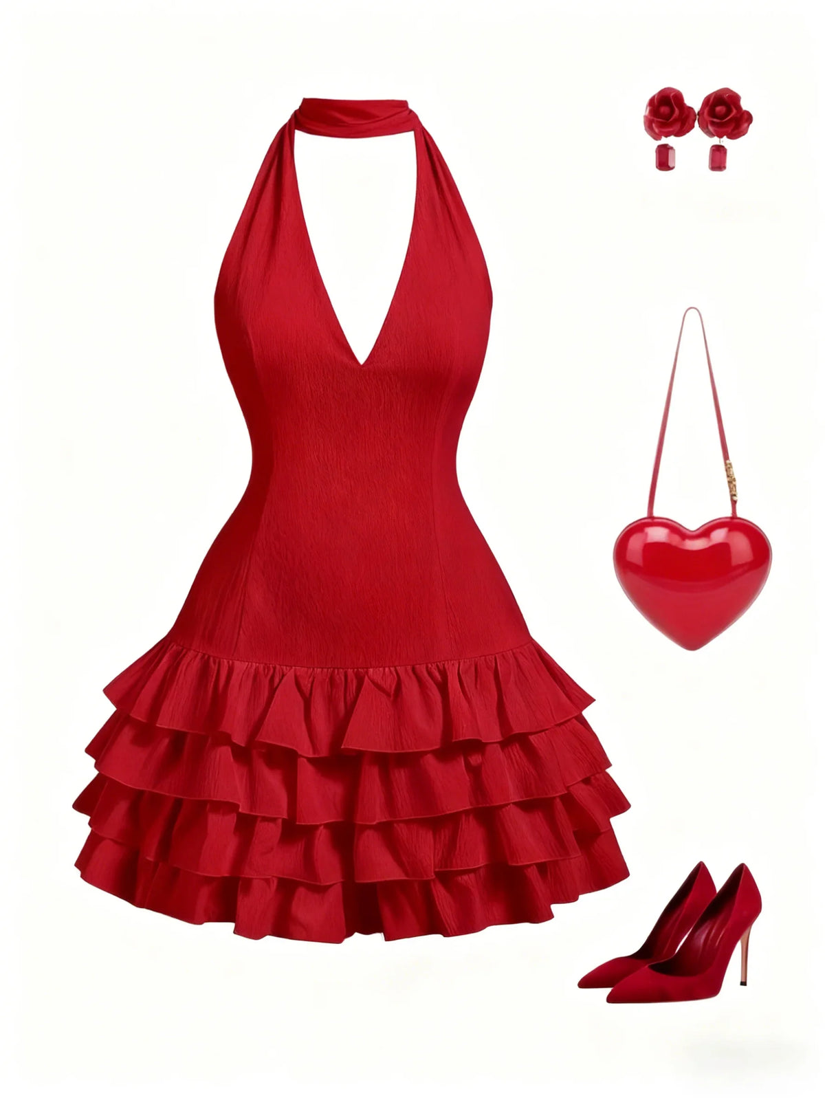 Women Halter Mini Dress V Neck Tiered Ruffle Bodycon Dress Glamorous Spring Summer Party Night Out Cocktail Date Night Dress