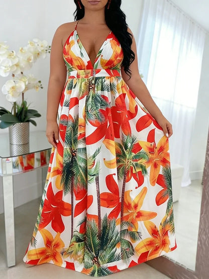 Plus Size Women's Dress Halter Neck Deep V Tropical Print High Waist Maxi Dress Boho Spring Summer Beach Vacation Light Dress