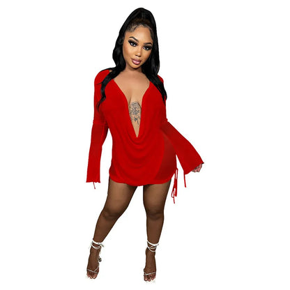 Sexy Mesh Deep V Elastic Dress Halter Elegant Chic Vintage Mini Dresses Long Sleeve Party Club See Through Bodycon Women's Night