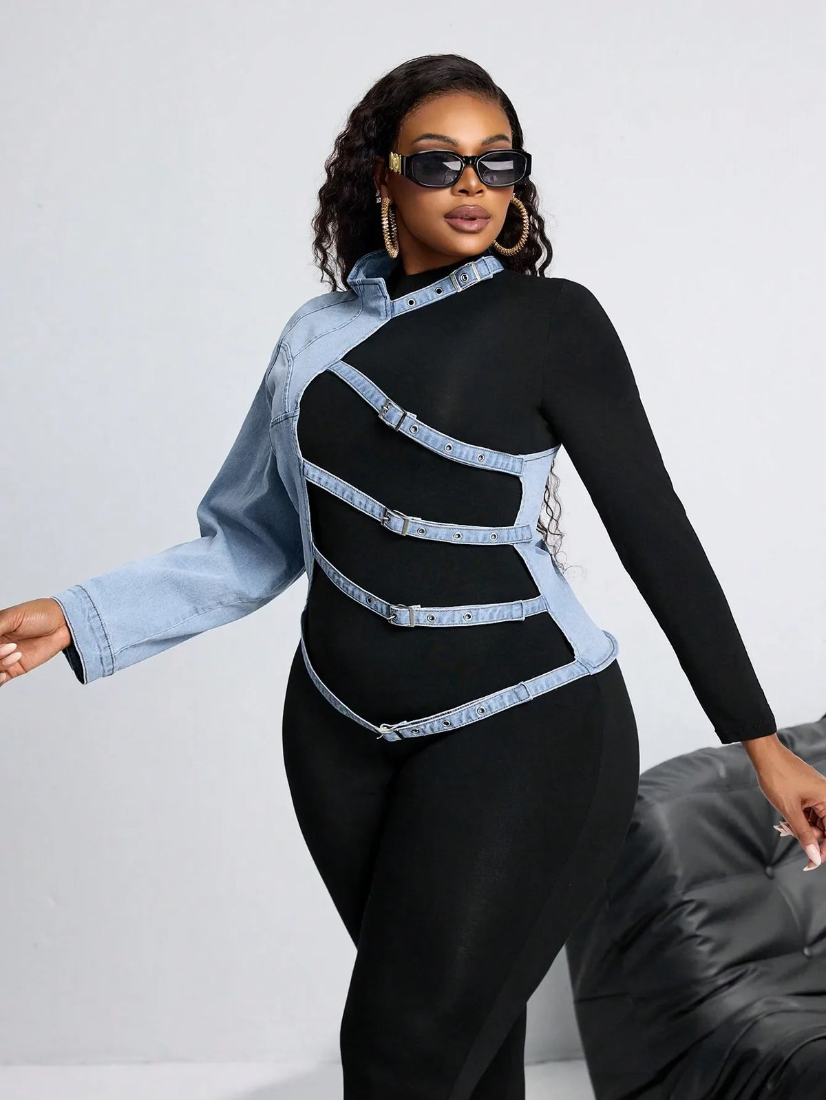 Plus Size Women's Asymmetrical Denim-Trimmed Long Sleeve Top with Belted Straps