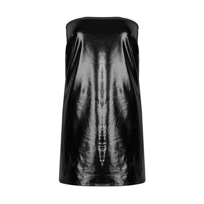 Sexy Strapless Shiny Silver Coatings Patent Leather Bodycon Dress Women Off Shoulder Skinny Mini Dress Club Party Vestidos