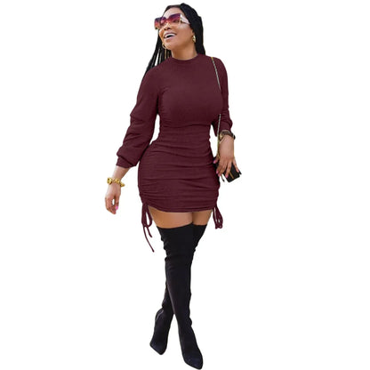 Women Sexy Dress Full Sleeve Slim Fit Wrap Hip Dresses Round Neck Spliced Shirring Lace Up Mini Vestidos Sheath Elegant