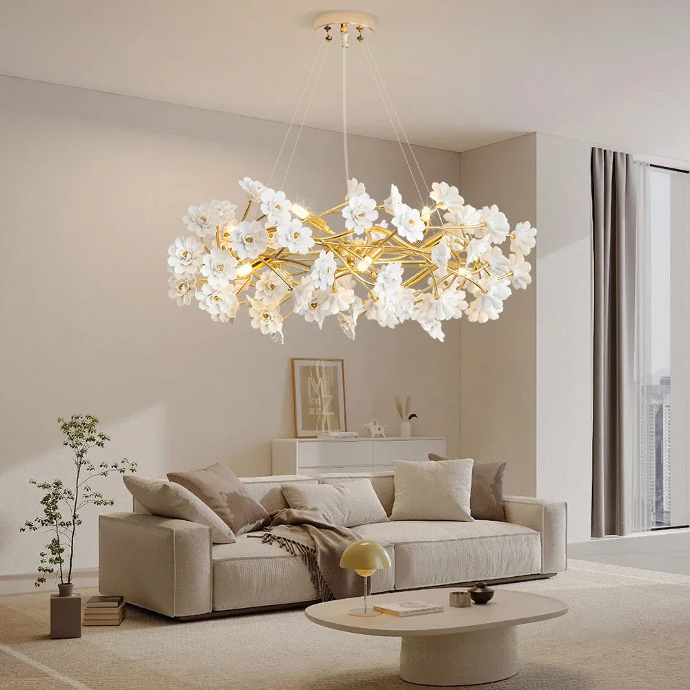 Gold Crystal Chandelier - Elegant Luxury Light Fixture with White Flower Design, 60cm & 80cm Sizes