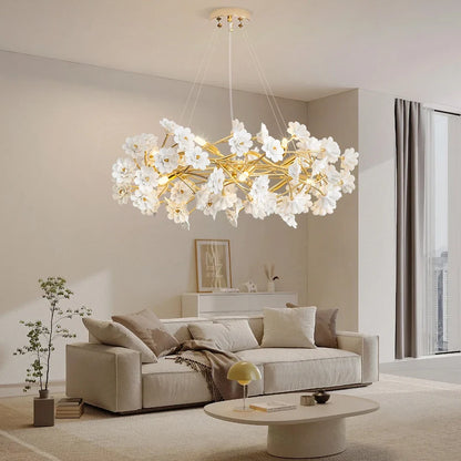 Gold Crystal Chandelier - Elegant Luxury Light Fixture with White Flower Design, 60cm & 80cm Sizes