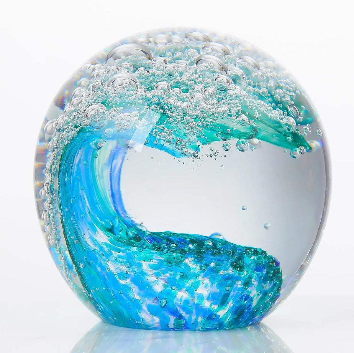Hand-Blown Glass Paperweight - Unique Ocean Wave Design in Green & Sky Blue, 8cm Decor
