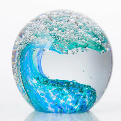 Hand-Blown Glass Paperweight - Unique Ocean Wave Design in Green & Sky Blue, 8cm Decor