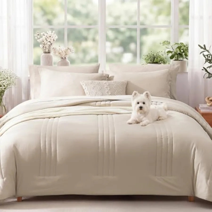 Apricot Beige Comforter Set – 7 Piece Bedding in a Bag, Soft All-Season King Comforter