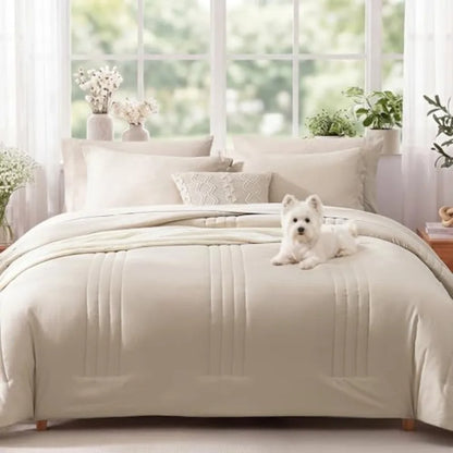Apricot Beige Comforter Set – 7 Piece Bedding in a Bag, Soft All-Season King Comforter