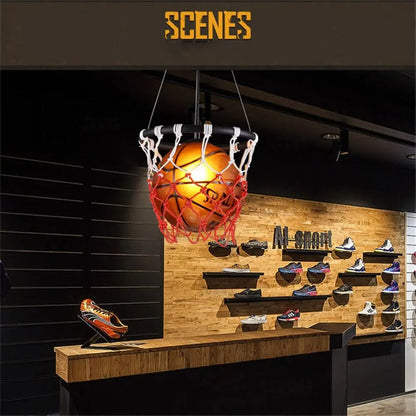 Retro Basketball Light Fixture – Industrial Style LED Hanging Lamp in Orange and Black for Man Cave