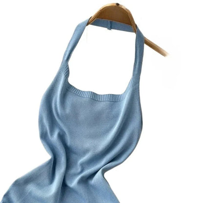 Blue Halter Neck Mini Dress Women's Sleeveless Sundress Ruched Side Drawstring Stretchy Ribbed Knit Bodycon Summer Party Dress