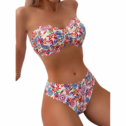 Sexy Flowers Printed Ruffled Frilled Bikini Women Swimwear Female Swimsuit Two-pieces Bikini Set Bather Bathing Suit Swim