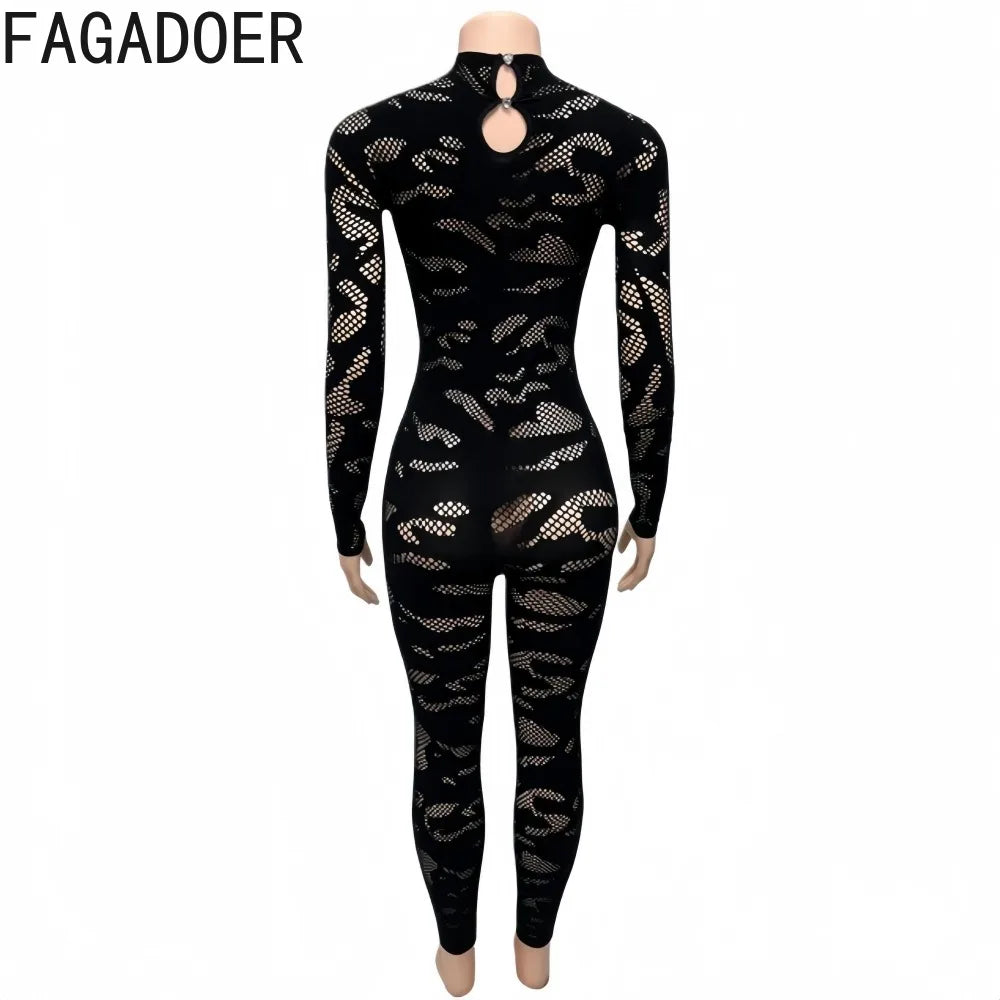 FAGADOER Sexy Lace See Through Patchwork Bodycon Jumpsuits for Woman Hollow-out Long Sleeves Rompers Female Streetwear Overalls
