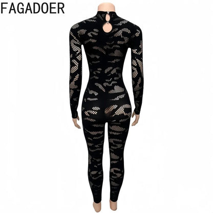 FAGADOER Sexy Lace See Through Patchwork Bodycon Jumpsuits for Woman Hollow-out Long Sleeves Rompers Female Streetwear Overalls