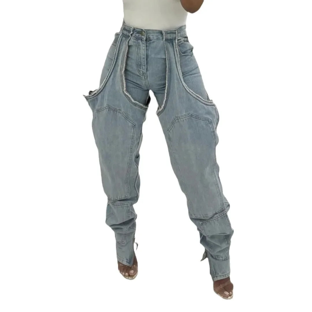 Jeans Women Straight Pants Hollow Out Zipper High Strecth Pockets Irregular Denims Vintage Distressed Streetwear 2025 Trousers