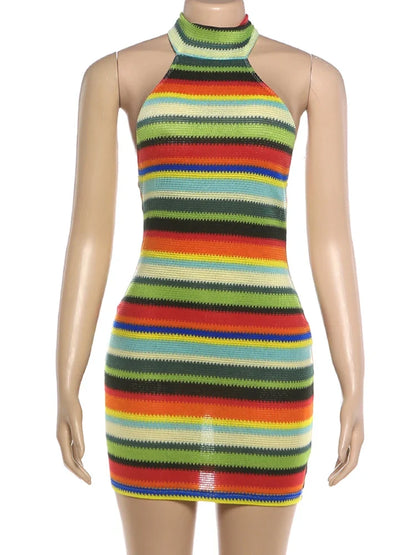 Kliou Stripe Patchwork Mini Dress Woman Bandage Halter Off Shoulder Backless Skinny Peach Hip Hot Girls Street Fashion Bodycon