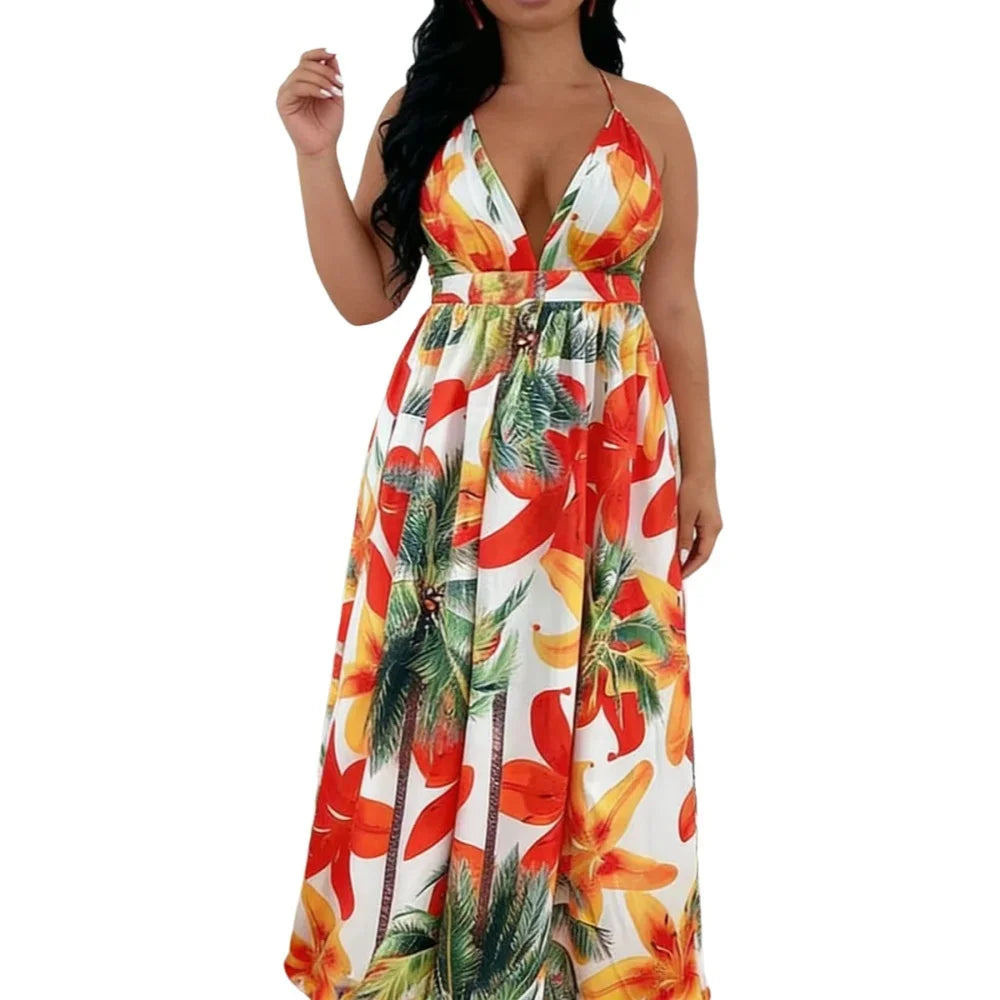 Plus Size Women's Dress Halter Neck Deep V Tropical Print High Waist Maxi Dress Boho Spring Summer Beach Vacation Light Dress