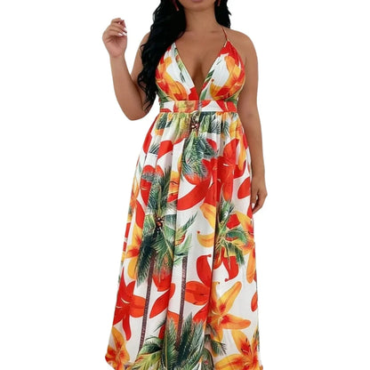 Plus Size Women's Dress Halter Neck Deep V Tropical Print High Waist Maxi Dress Boho Spring Summer Beach Vacation Light Dress