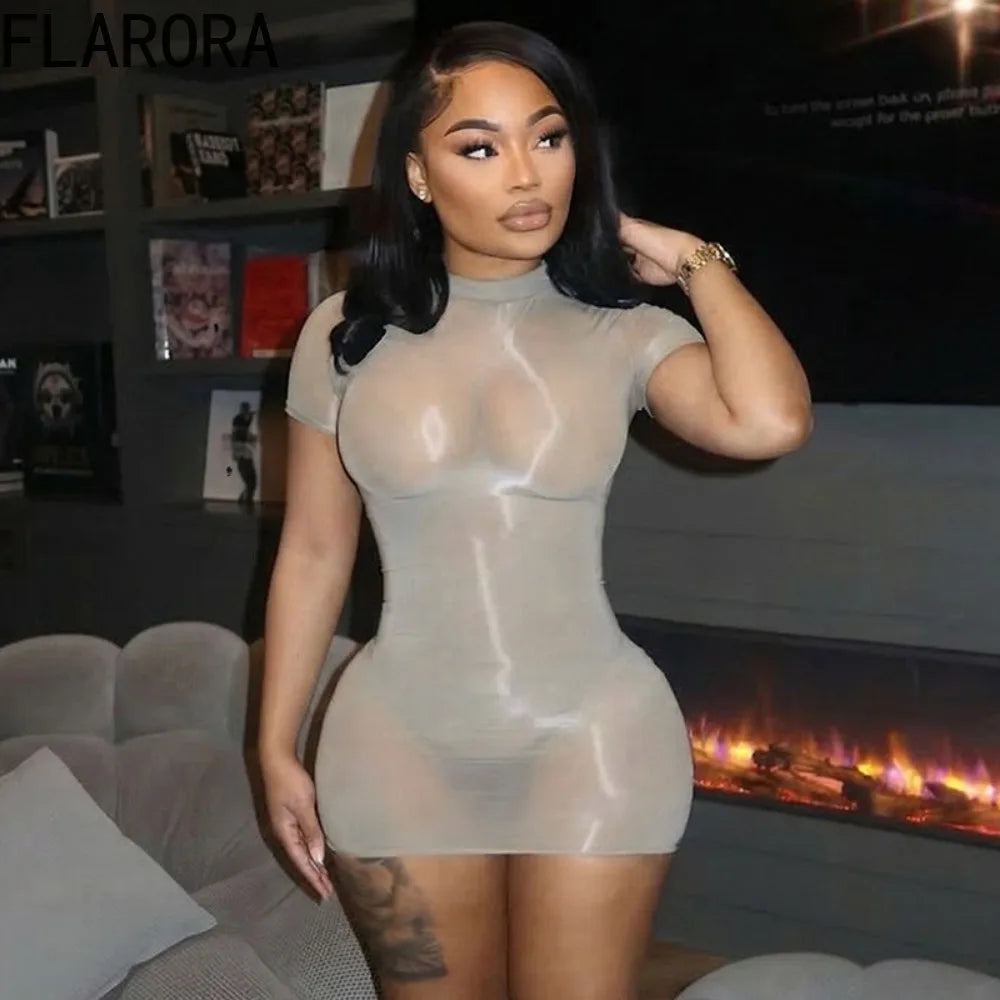 FLARORA Sexy See Through Mini Dress Woman Solid Color O-Neck Short Sleeves Skinny Peach Hip Elastic Clubwear Midnight Bodycon
