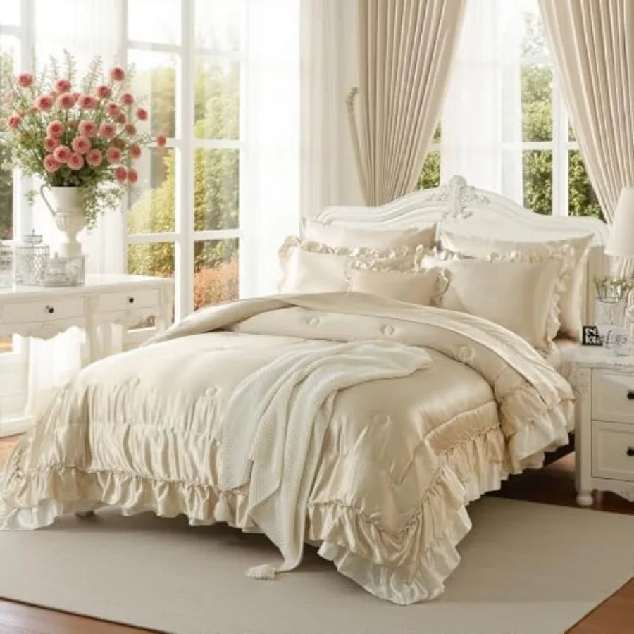 Beige Satin Ruffle Comforter Set – Luxury Silky 8-Piece Bedding