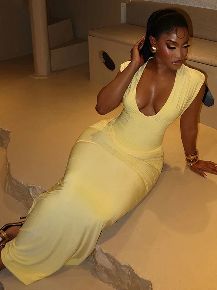 Sexy Ruched Bodycon Maxi Dress Women Solid Sleeveless V-Neck Slim Long Dresses Female Party Evening Clubwaer Evening 2026