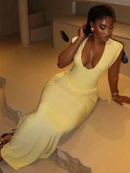 Sexy Ruched Bodycon Maxi Dress Women Solid Sleeveless V-Neck Slim Long Dresses Female Party Evening Clubwaer Evening 2026
