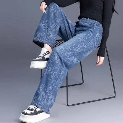 New Wide Leg Jeans Women Autumn High Waisted And Slim Casual All-match Jacquard Narrow Cut Straight Leg Pants Ladies Trouser