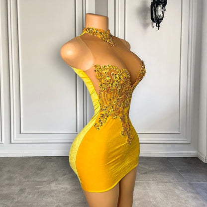 Elegant High Neck Sleeveless Black Girls Homecoming Gowns Gold Beaded Embroidery Short Prom Dresses 2026 For Birthday Party