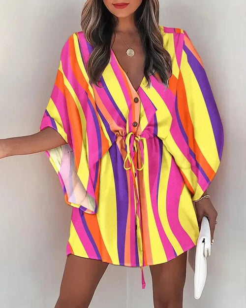 Women Print Dress Sexy V-Neck Bat Sleeve Ruffl Flowers Print Bohemian Beach Sundress Ladies Loose Summer Vacation Mini Dresses