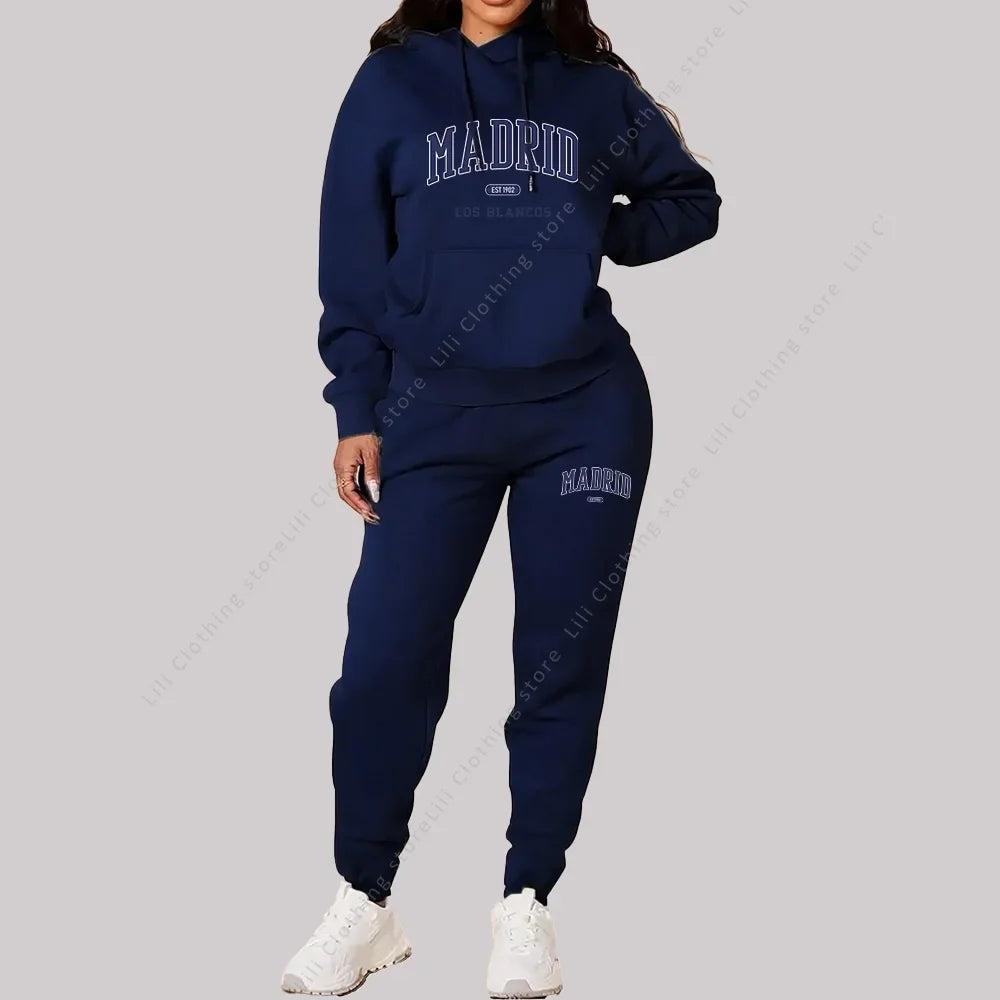New Ladies TrackSuit Autumn Winter Hoodies Sweatshirts Sweatpants 2 Piece Outfits Madrid Print Trend Sportwear Women Pants Sets