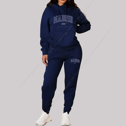 New Ladies TrackSuit Autumn Winter Hoodies Sweatshirts Sweatpants 2 Piece Outfits Madrid Print Trend Sportwear Women Pants Sets