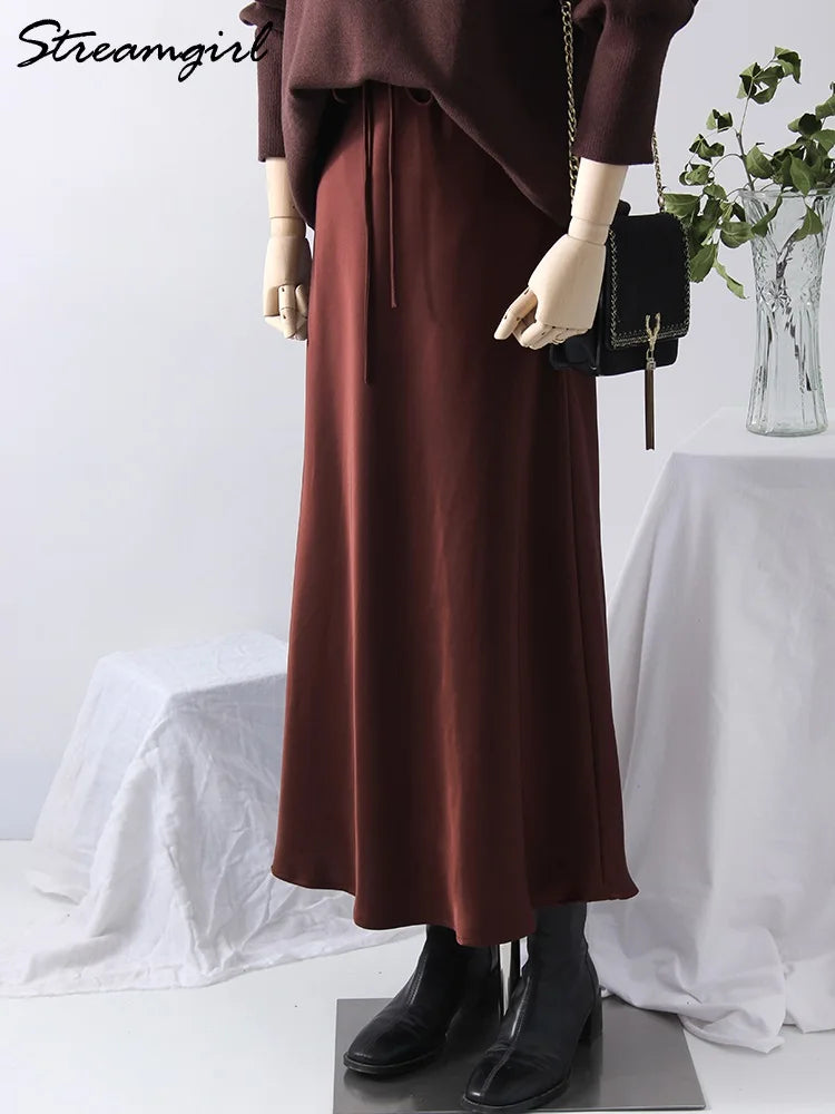 Long Satin Skirts Women Dark Green Luxury Spring Summer Maxi Straight Black Skirt Long Shining Satin Skirt Maxi Brown Ladies
