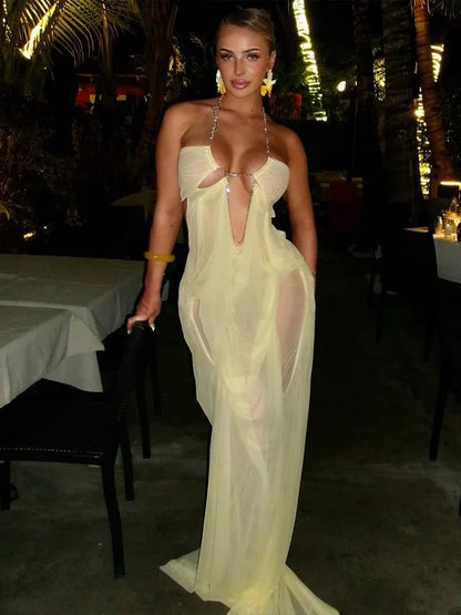 Nibber Prom Party Gown Dress Woman Sexy See Through Luxury Chain Halter Low-Neck Backless Sleeveless Midnight Elegant Vestidos
