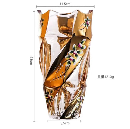 23Cm Thickened Glass Vase with Yellow Gold Floral Design - Modern European Luxury Decor