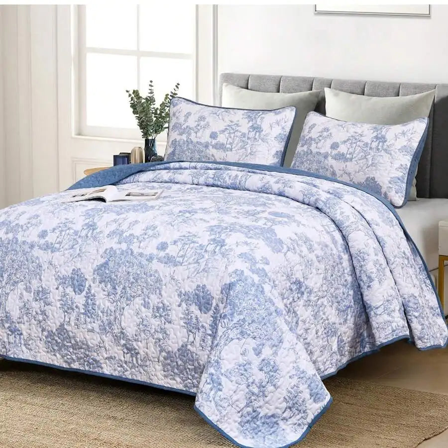 3-Piece Queen Floral Quilt Set, Lightweight Reversible Farmhouse Coverlet with 2 Pillow Shams