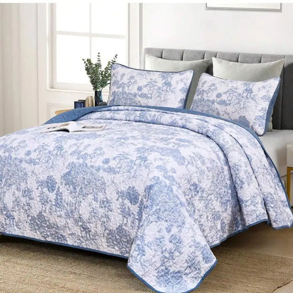 3-Piece Queen Floral Quilt Set, Lightweight Reversible Farmhouse Coverlet with 2 Pillow Shams