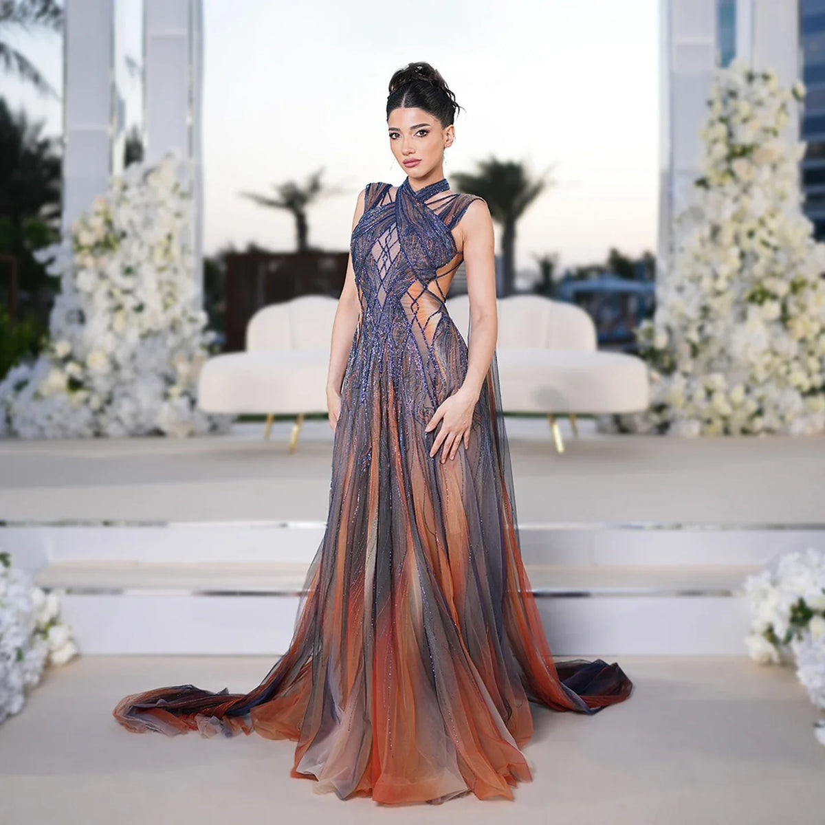 Sharon Said Women's Formal Evening Gowns Cape Sleeve Criss-cross Halter Luxury Prom Dress for Wedding Party SS297 Customized