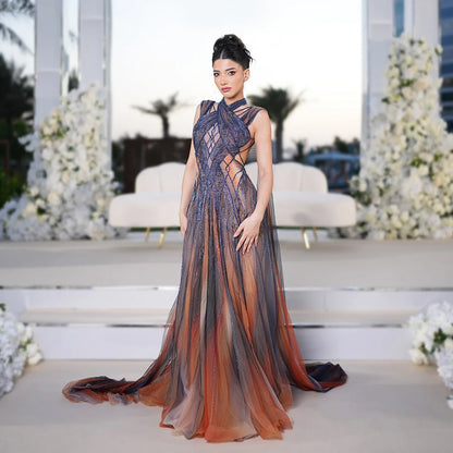 Sharon Said Women's Formal Evening Gowns Cape Sleeve Criss-cross Halter Luxury Prom Dress for Wedding Party SS297 Customized
