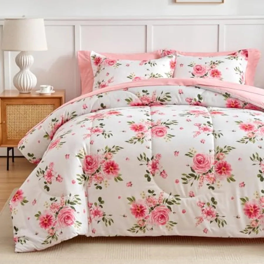 Elegant 7-Piece Queen Floral Bedding Set & 6-Piece Twin Comforter Set - Soft Microfiber, Reversible Pink & White Design