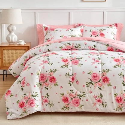 Elegant 7-Piece Queen Floral Bedding Set & 6-Piece Twin Comforter Set - Soft Microfiber, Reversible Pink & White Design