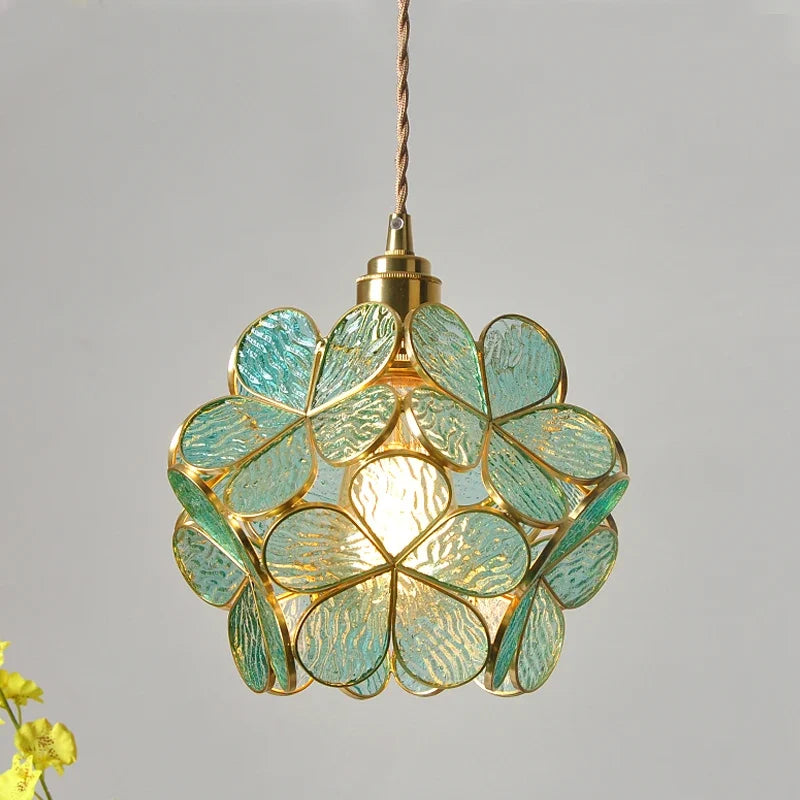 Flower-Shaped Pendant Light - 22Cm Blue Pink Glass with Vintage Brass Finish for Elegant Decor